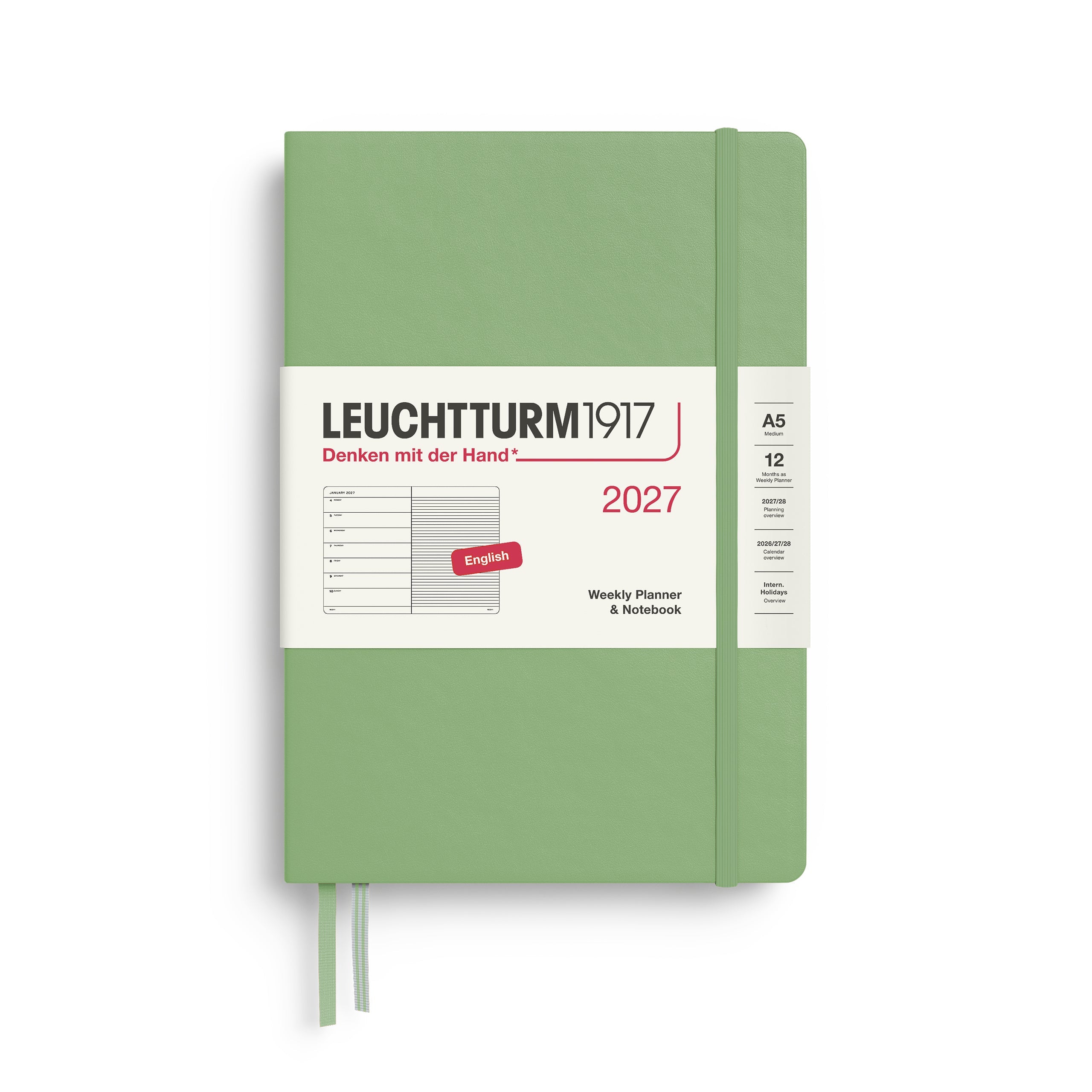Leuchtturm1917 2027 A5 Sage Weekly Notebook diary, hardcover
