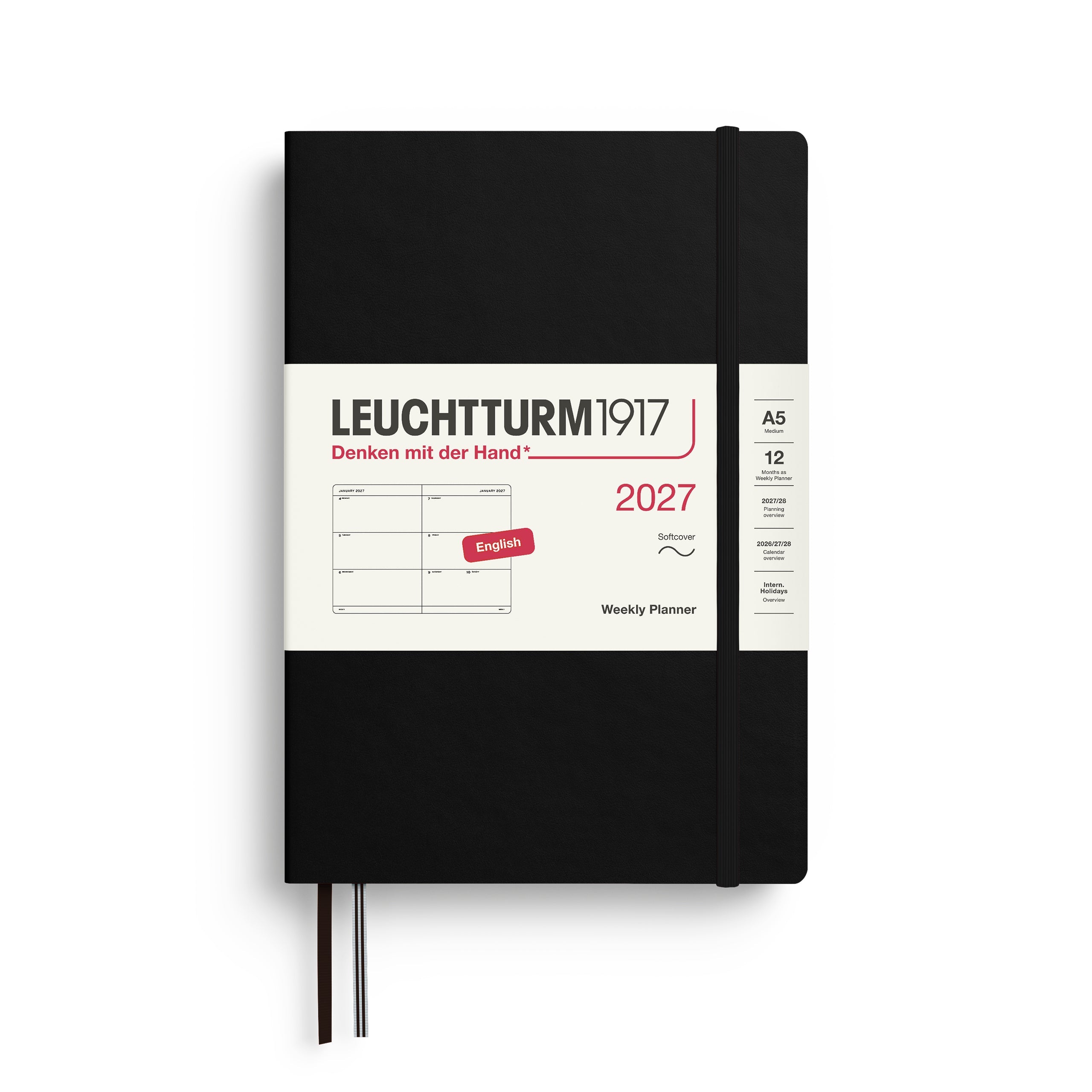 Leuchtturm1917 2027 A5 Black Weekly Planner diary, softcover