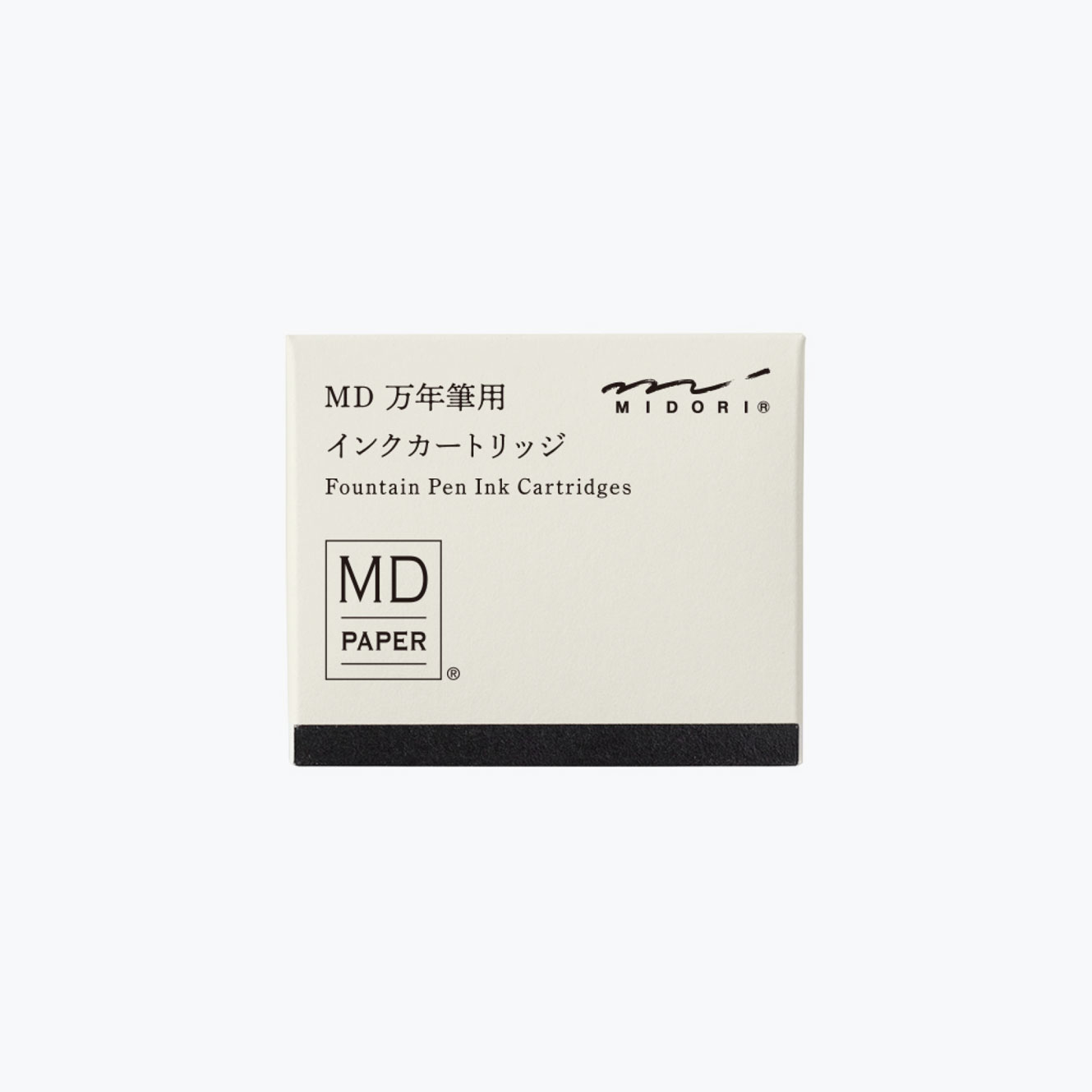 Fron of the box of Midori MD fountain pen ink cartridges in black 
