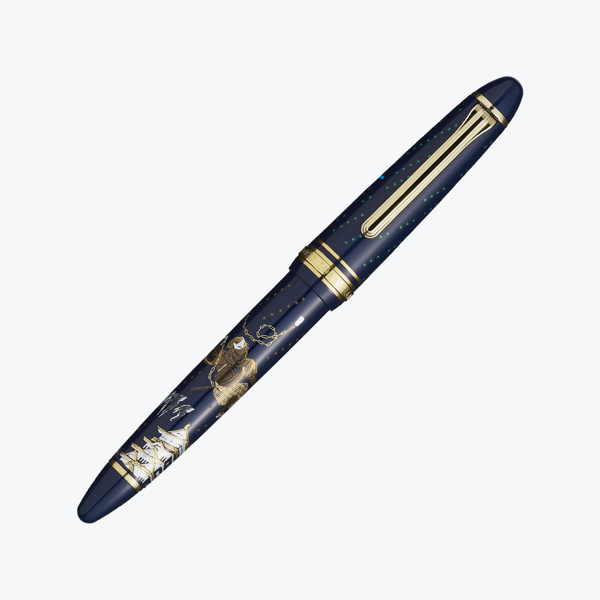 Sailor 1911 Ninja #2 series fountain pen in midnight blue with golden accents and chain-sickle maki-e decoration