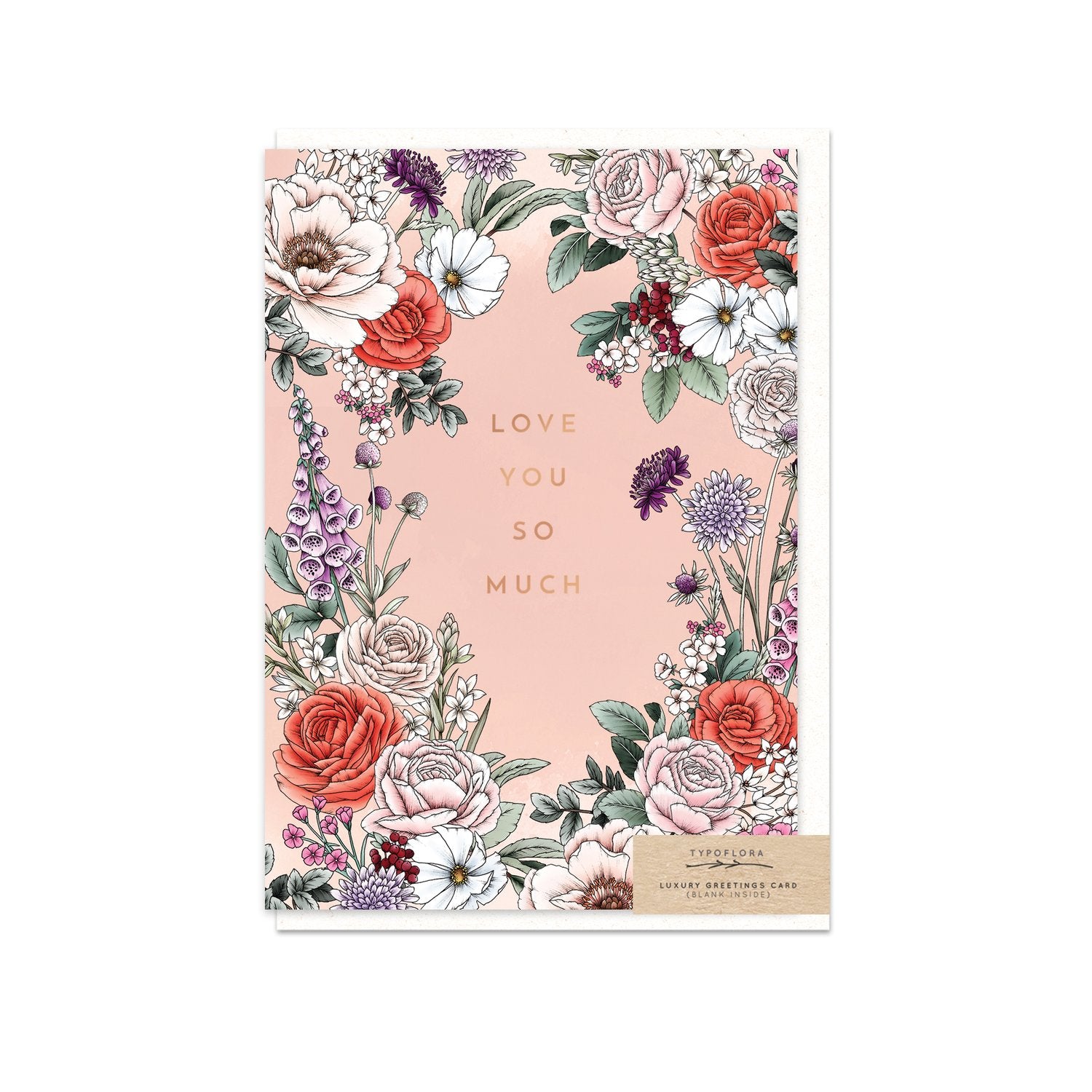Typoflora card featuring 'Love you so much' message and a floral vignette