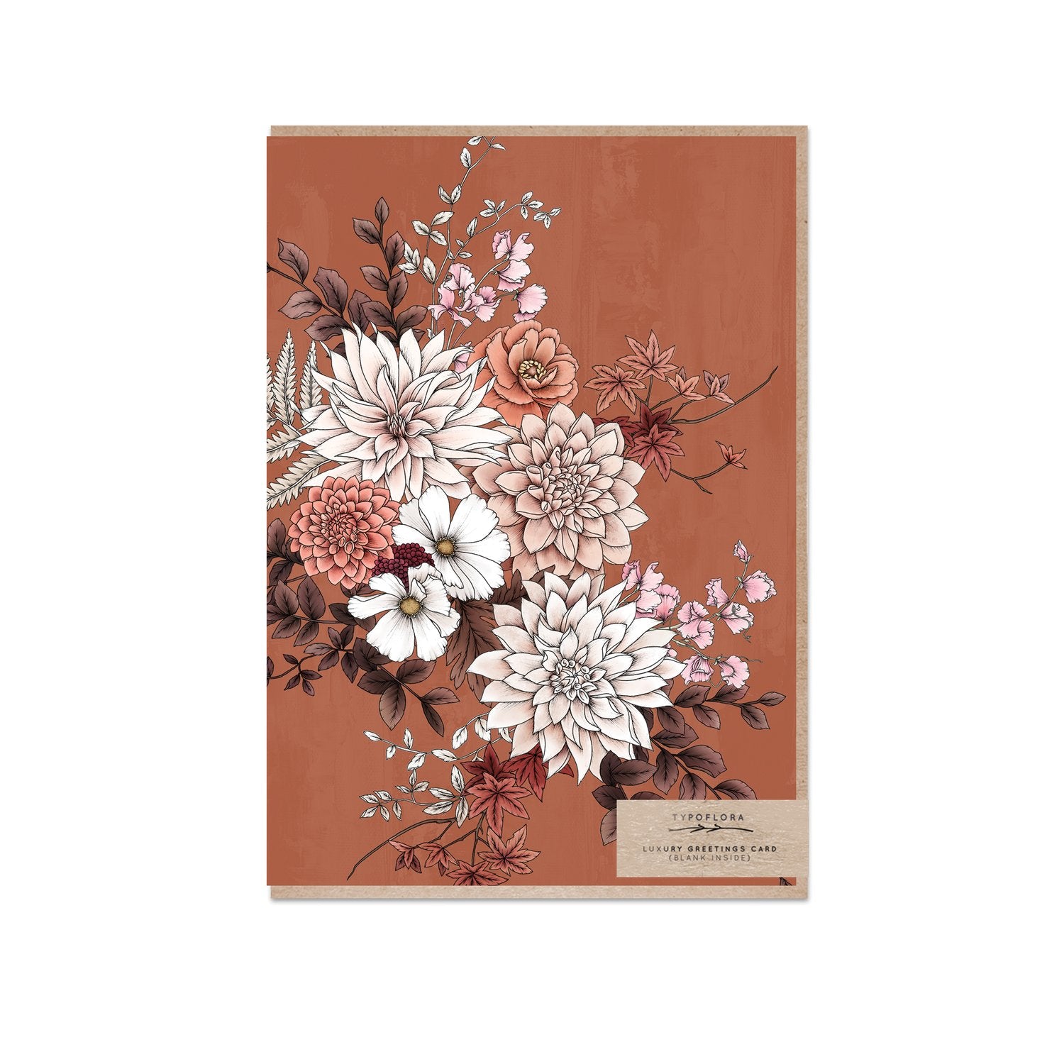 Rust orange Typoflora greeting card featuring a bouquet of flowers 