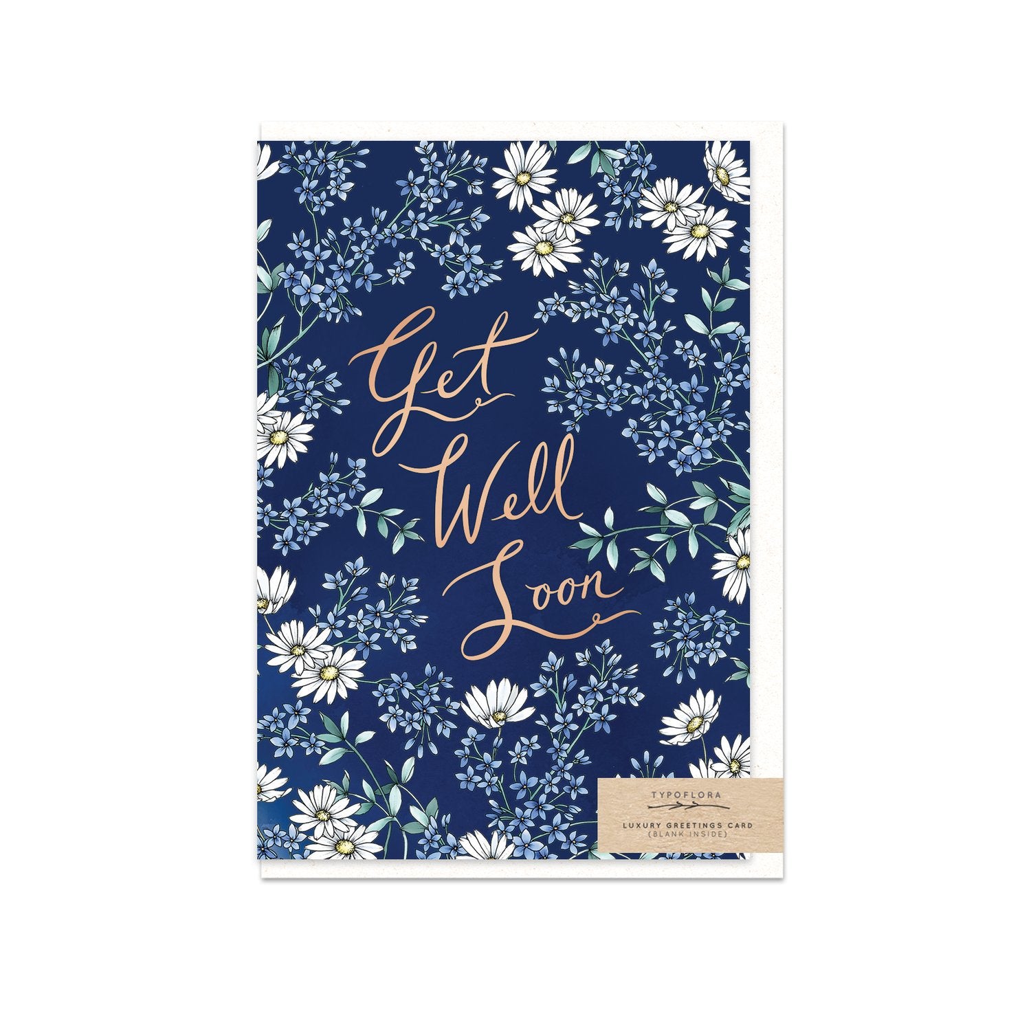 Typoflora card with 'Get well soon' message and ditsy flowers on blue 