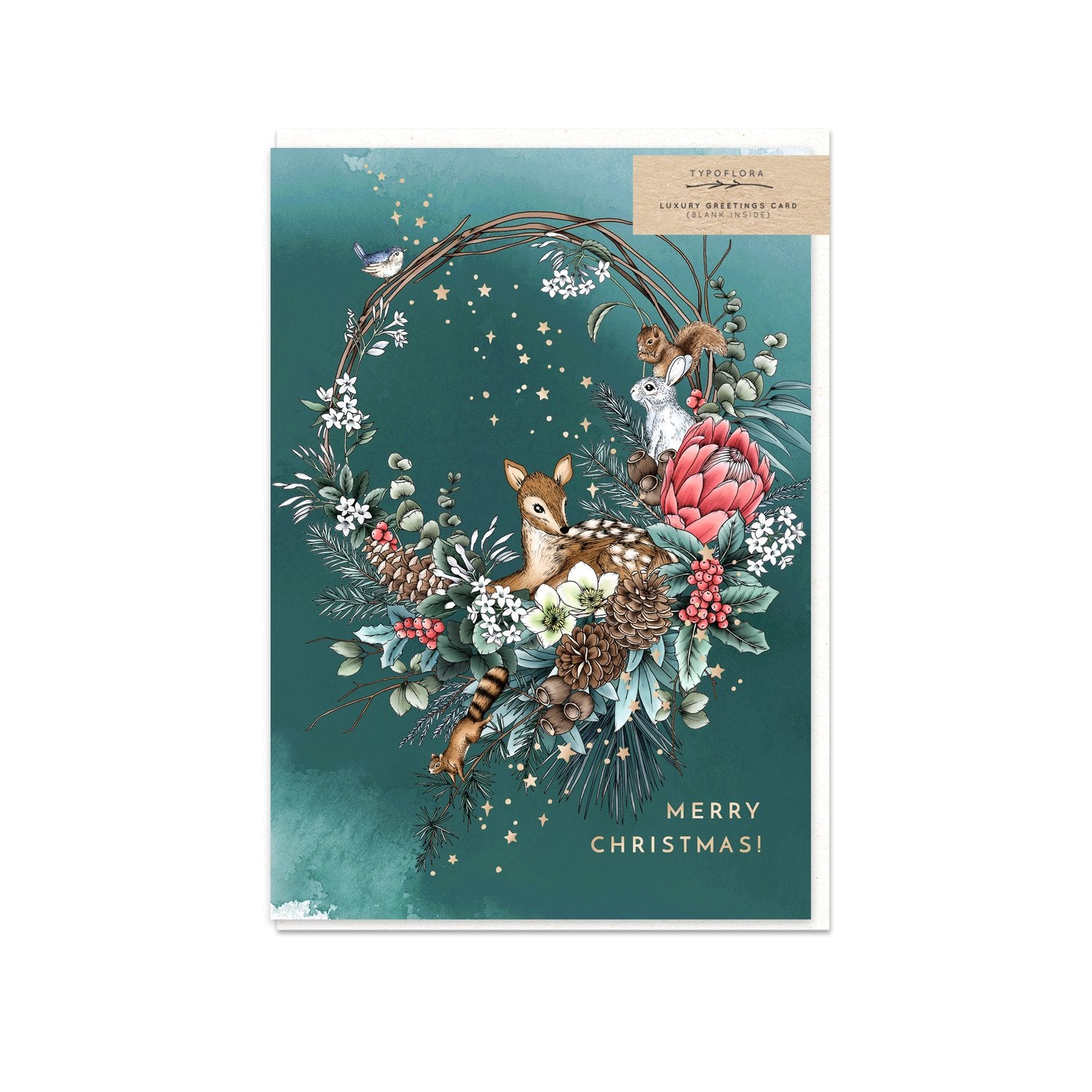 Typoflora card featuring a woodland themed wreath and 'Merry Christmas' on the front
