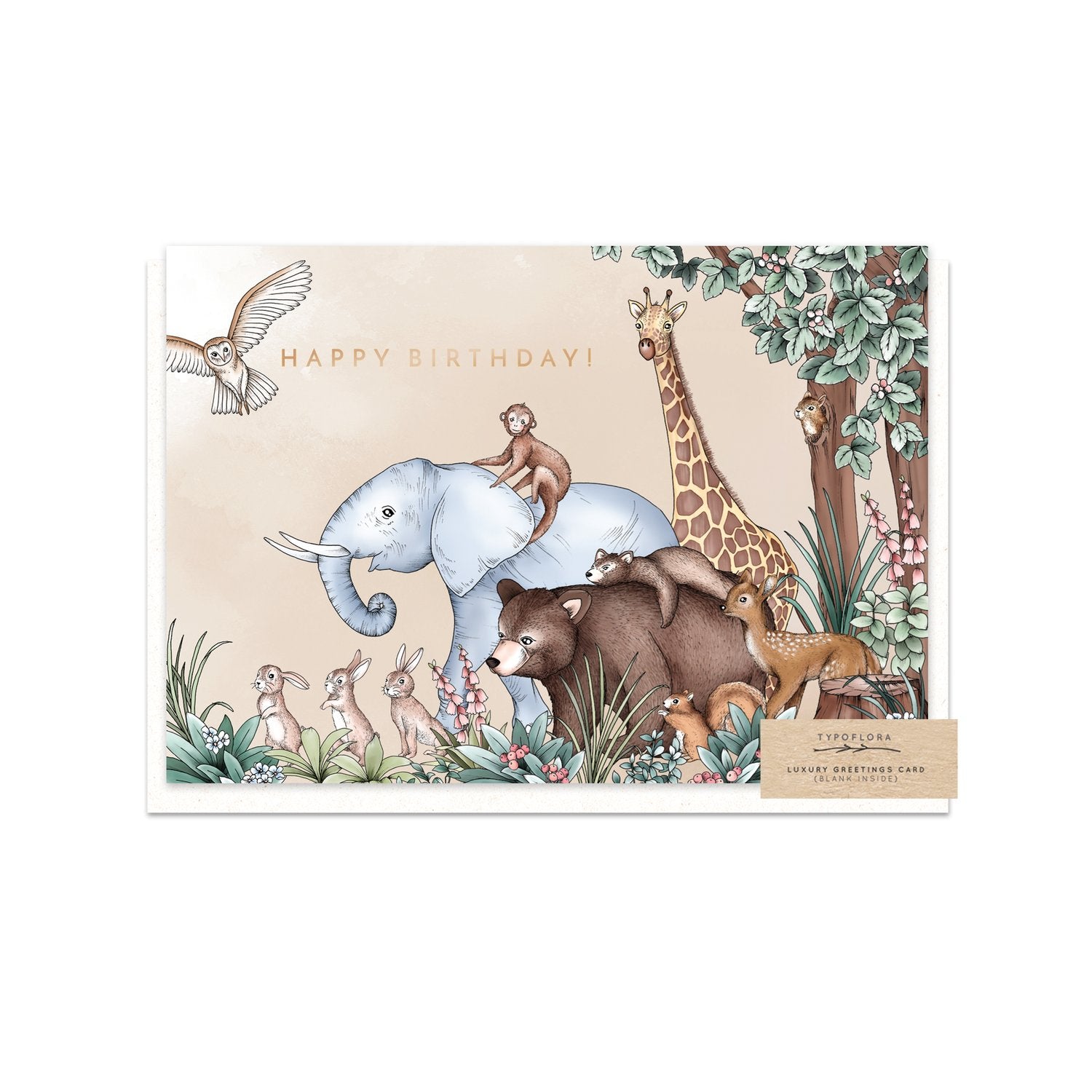 Typoflora birthday card with woodland animald design printed on the front