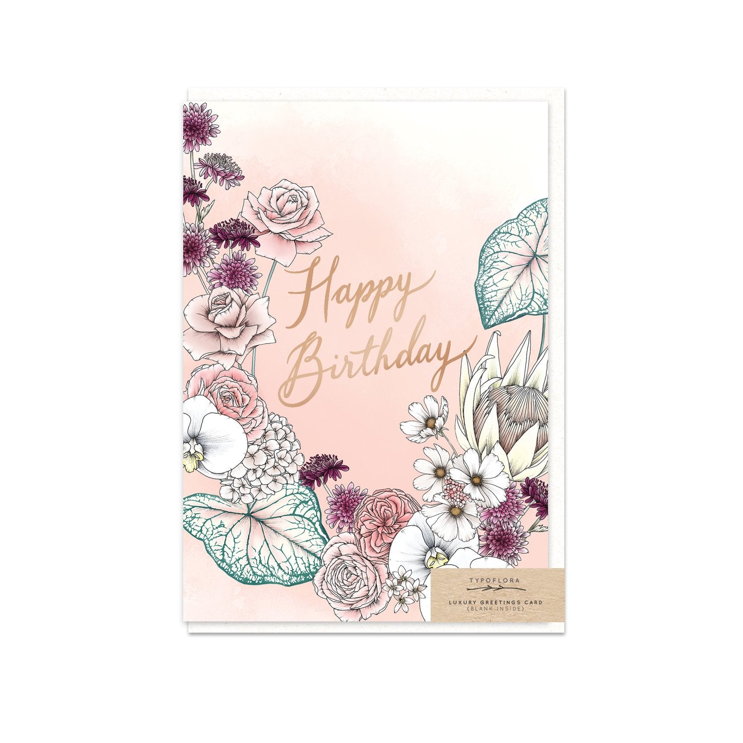 Typoflora card featuring roses and flowers and a 'Happy Birthday' message printed on the front