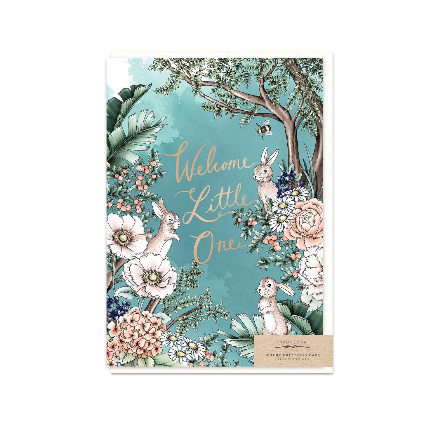 Typoflora floral design card with bunnies and 'welcome little one' text
