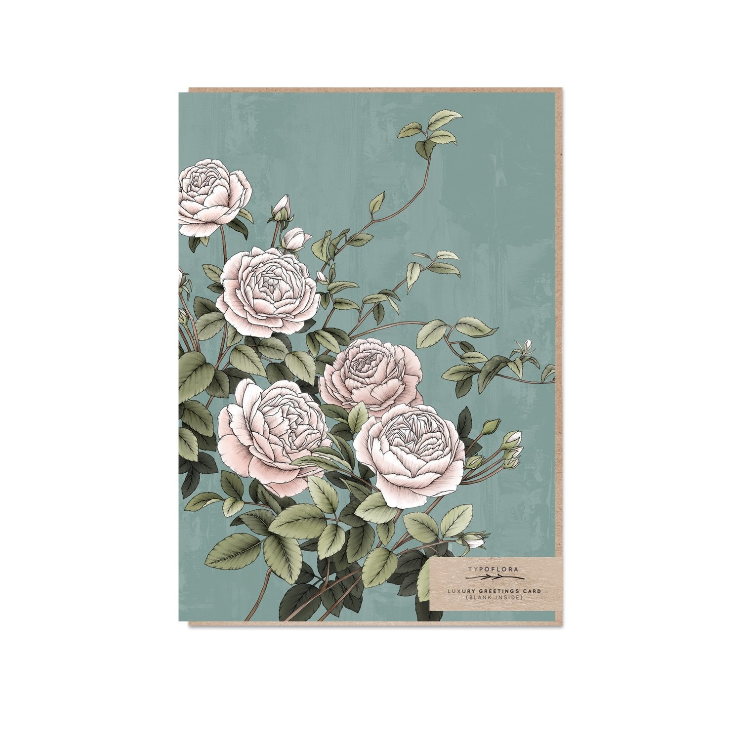 Pale sage typoflora card with white roses design