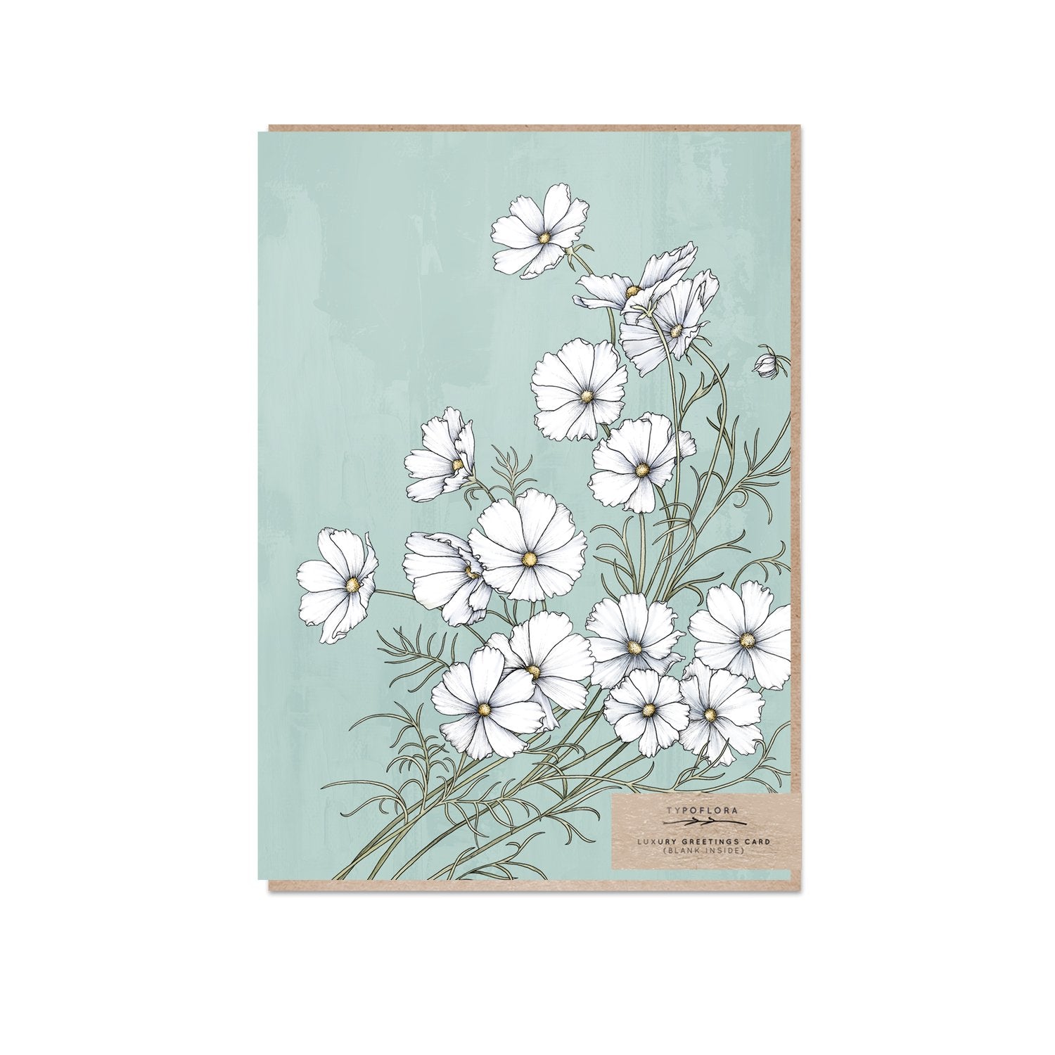 Typoflora greeting card with cosmos flowers against pale blue background printed on the front
