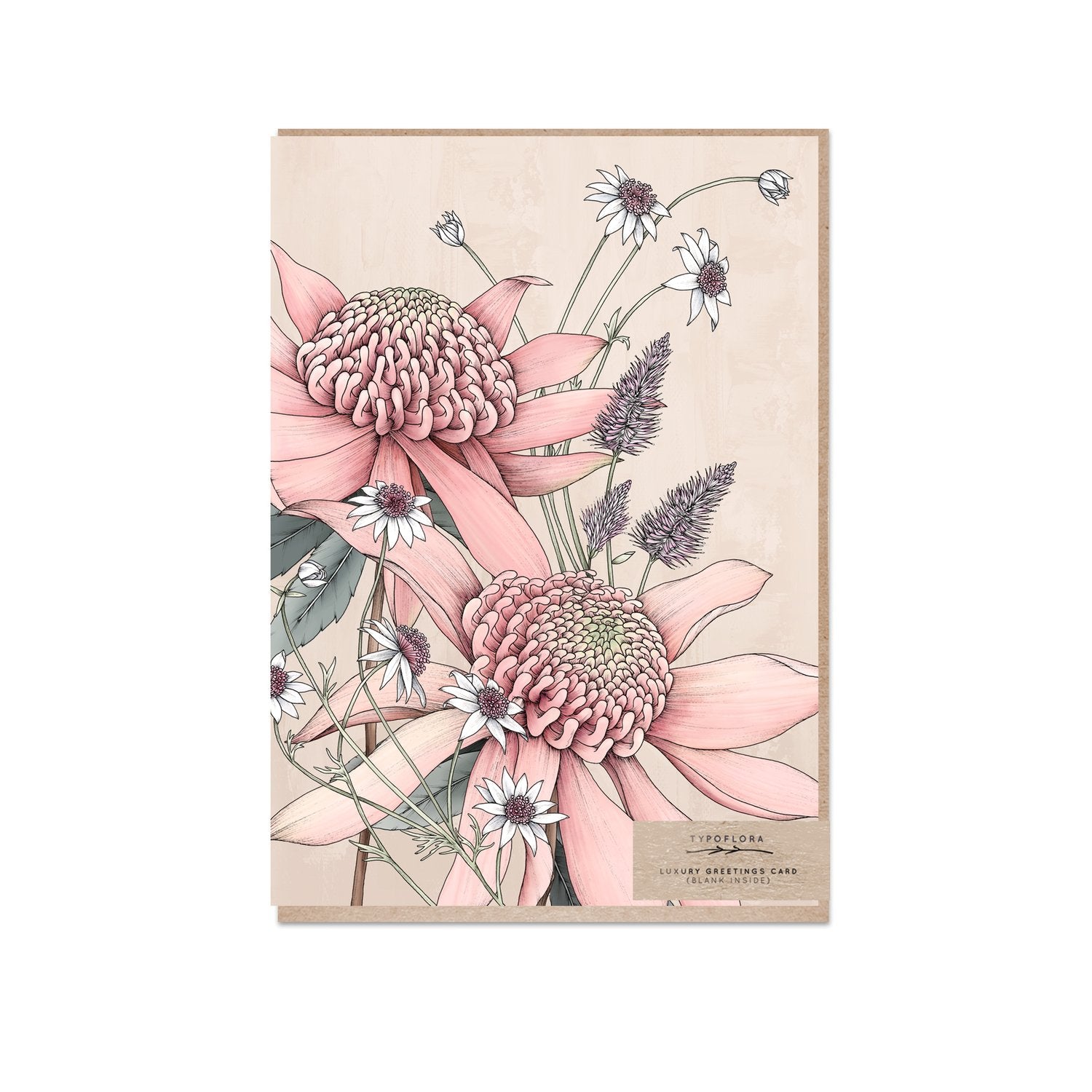 Typoflora greeting card with pink waratahs design printed on the front