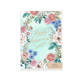 Typoflora greeting card with garden flower illustration and 'happy anniversary'