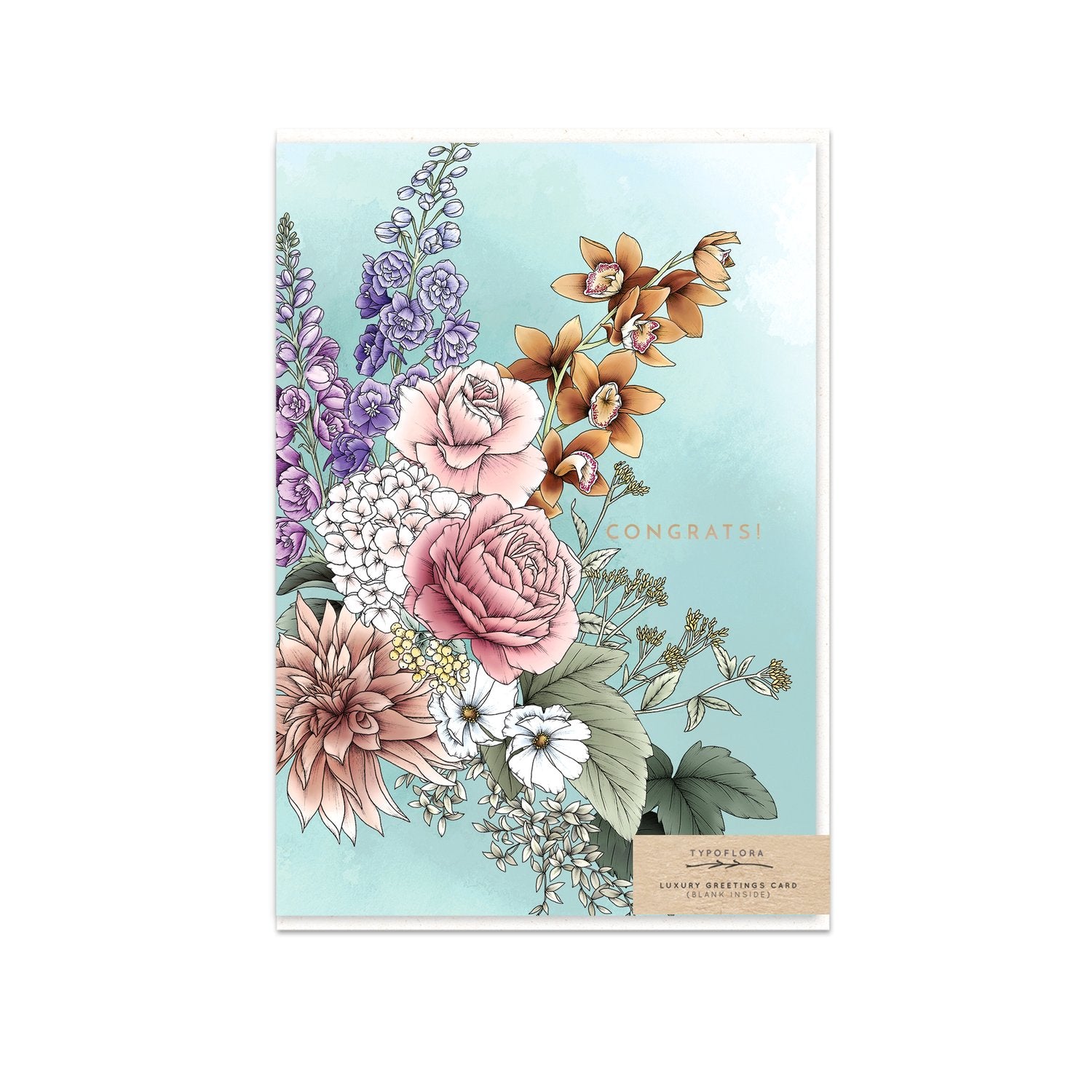 Typoflora card with garden flowers and a 'congrats' message