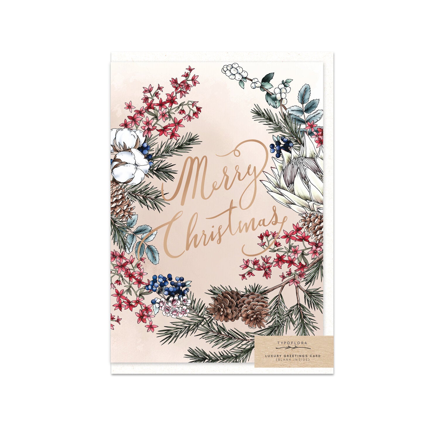 Beige Typoflora card featuring a 'Merry Christmas' message and festive florals on the front