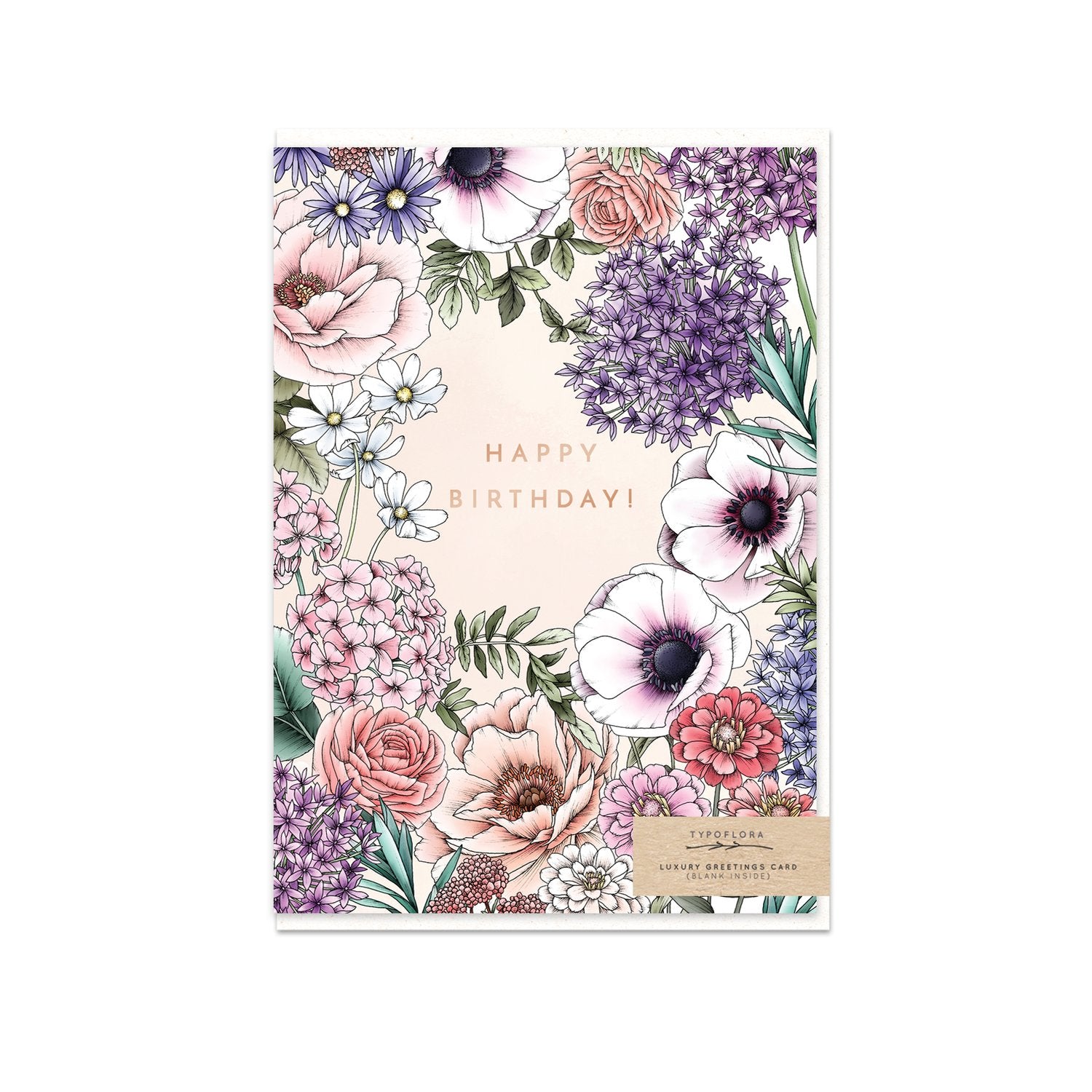 Typoflora card featuring pink and purple toned flowers and a 'Happy birthday' message on the front